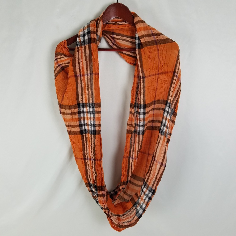FRAAS Womens Orange Plaid Crinkle Gauze Lightweight Infinity Scarf